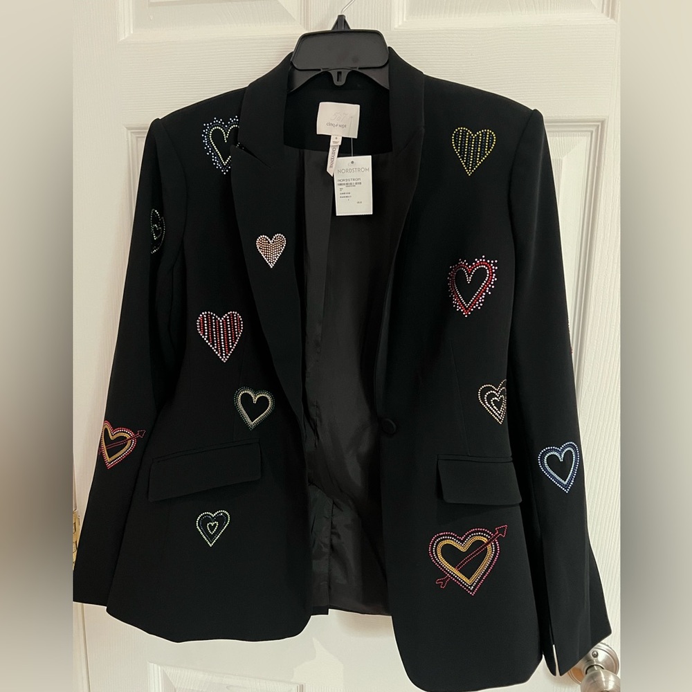 Cinq à Sept blazer with scattered, intricately beaded heart embellishments.